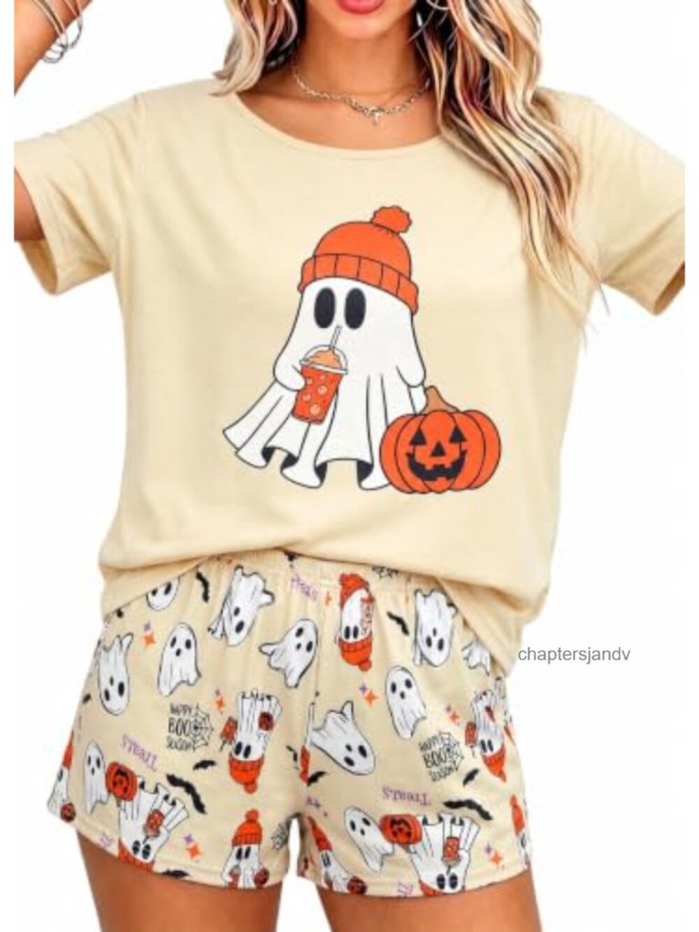 Women Halloween Pajama Set Ghost Short Sleeve Cotton Blend Sleepwear Lounge